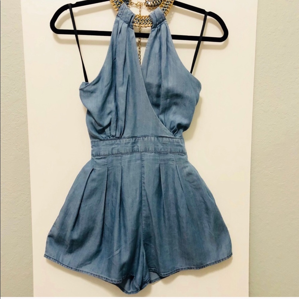 Bebe romper denim attchd gold necklace size 0